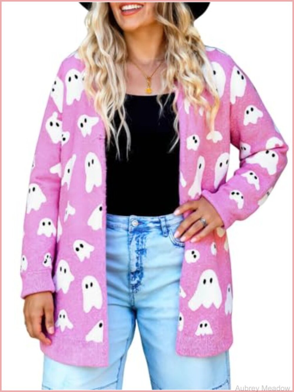 Womens Ghost Print Knit Cardigan Long Sleeve Open Front Sweater Coat